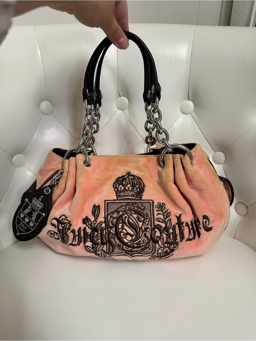 Juicy Couture Peach Velvet Embroidered Chain-Handle Shoulder Bag
